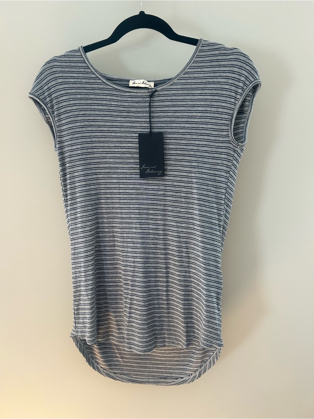 Jane and Delancey Gray and Black Striped Short Sleeve Tee